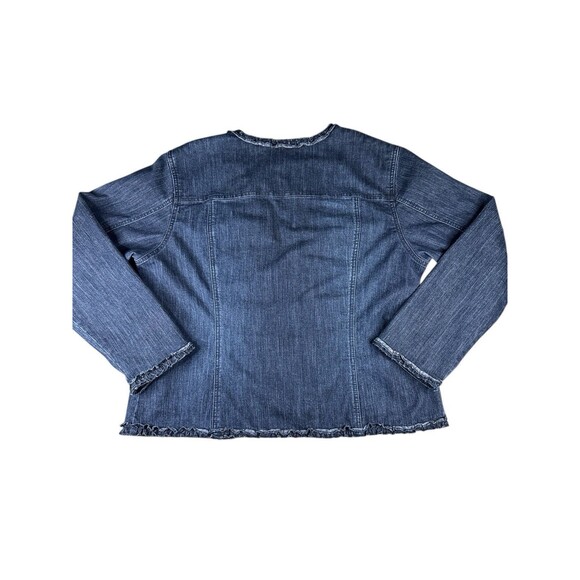 Chico’s Denim Jacket Size 2 Dark Wash Open Front Ruffle Trim Hem Casual Layering - Picture 8 of 11